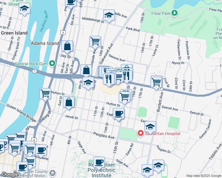 map of restaurants, bars, coffee shops, grocery stores, and more near 120 Hoosick Street in Troy