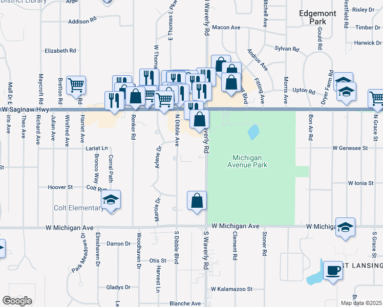 map of restaurants, bars, coffee shops, grocery stores, and more near 425 North Waverly Road in Lansing