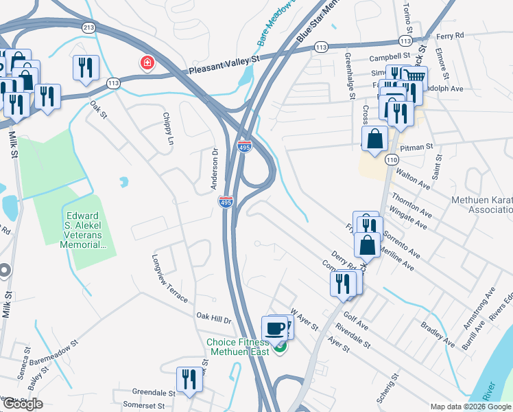 map of restaurants, bars, coffee shops, grocery stores, and more near 87 Comet Road in Methuen