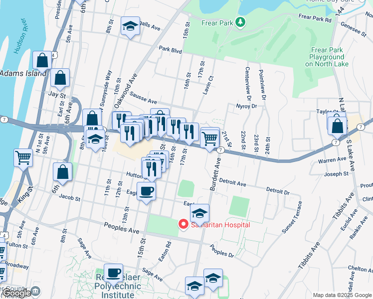 map of restaurants, bars, coffee shops, grocery stores, and more near 2354 17th Street in Troy
