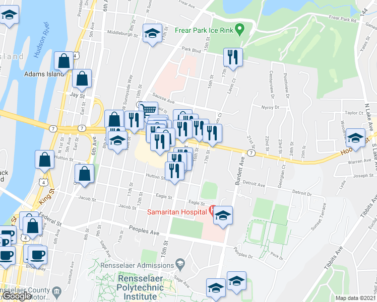 map of restaurants, bars, coffee shops, grocery stores, and more near 2335 15th Street in Troy