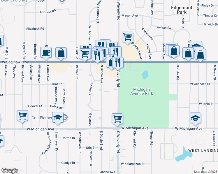 map of restaurants, bars, coffee shops, grocery stores, and more near 425 North Waverly Road in Lansing