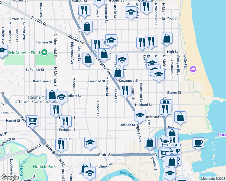 map of restaurants, bars, coffee shops, grocery stores, and more near 1006 Albert Street in Racine