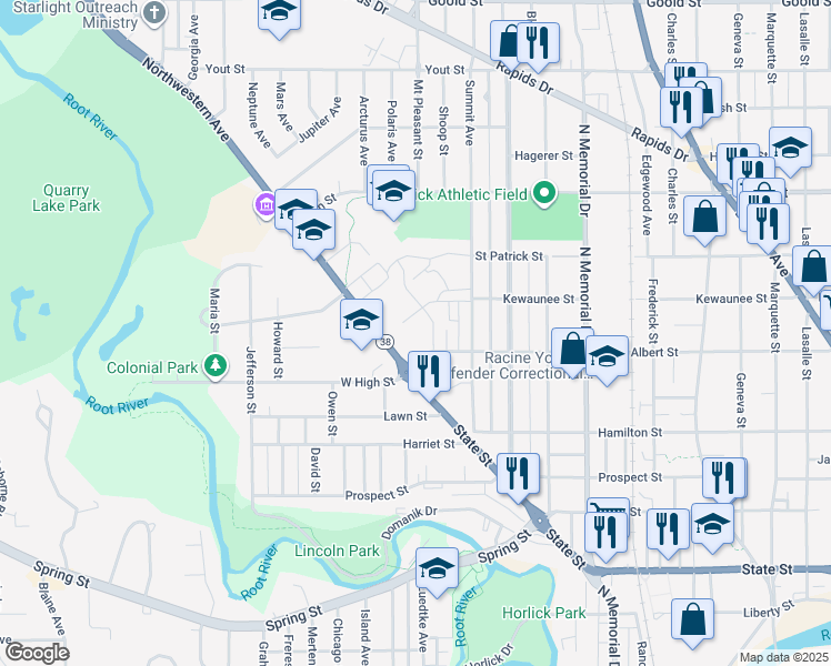 map of restaurants, bars, coffee shops, grocery stores, and more near 2068-2072 Albert Street in Racine