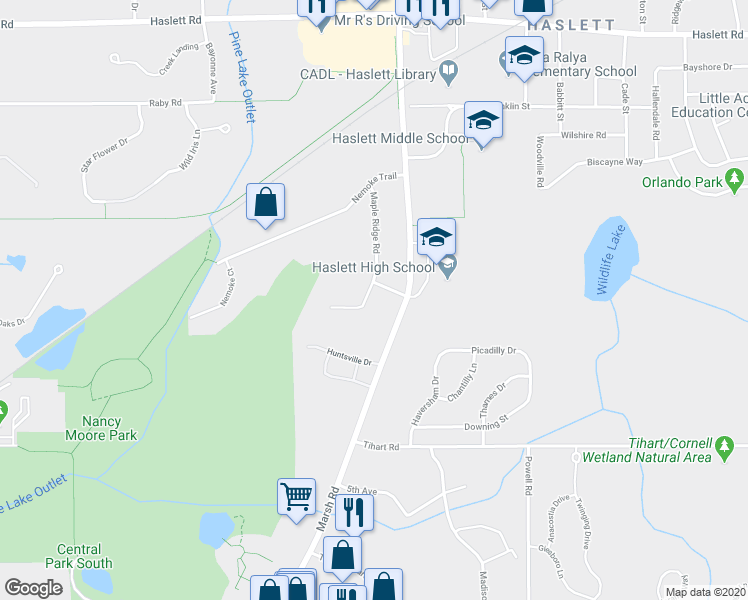 map of restaurants, bars, coffee shops, grocery stores, and more near 5402 Maple Ridge Road in Meridian charter Township