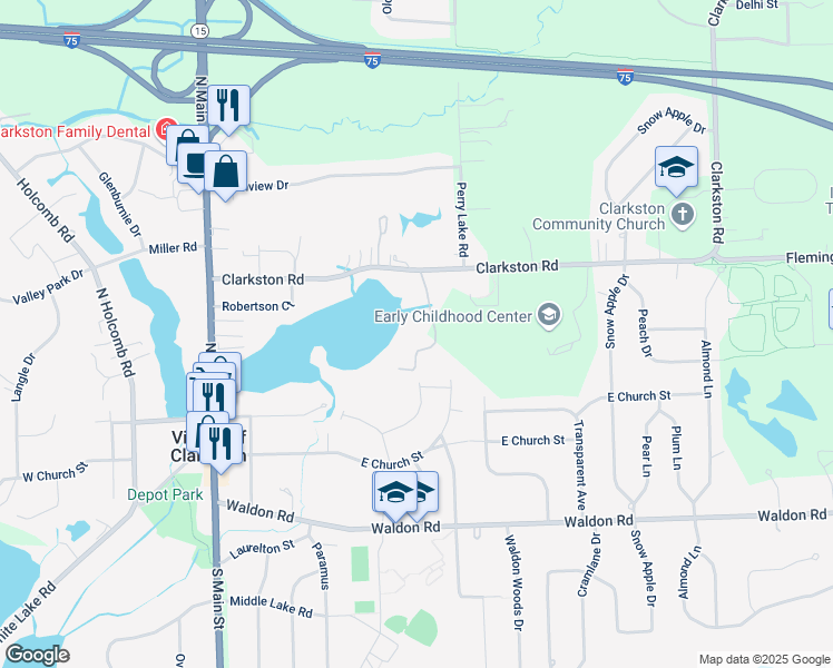 map of restaurants, bars, coffee shops, grocery stores, and more near 6757 Park Lake Drive in Clarkston