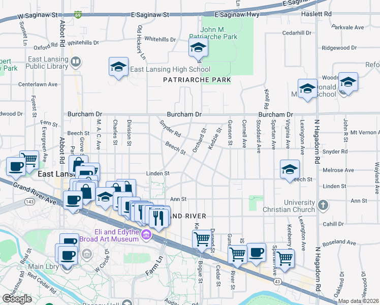 map of restaurants, bars, coffee shops, grocery stores, and more near 510 Orchard Street in East Lansing