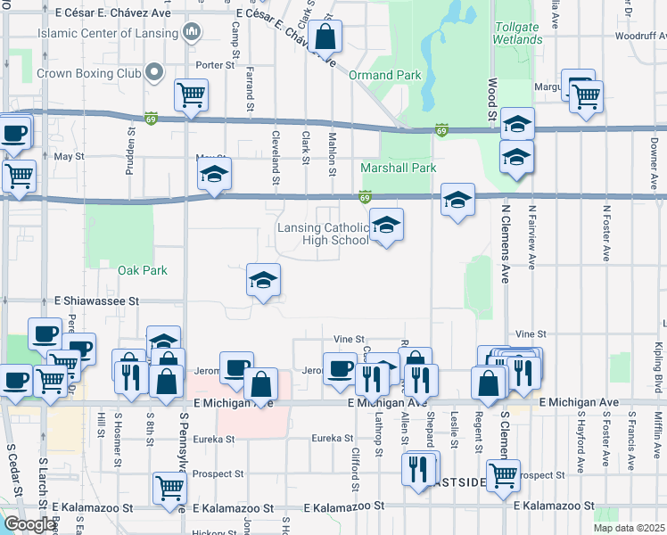 map of restaurants, bars, coffee shops, grocery stores, and more near 1428 Wickham Drive in Lansing