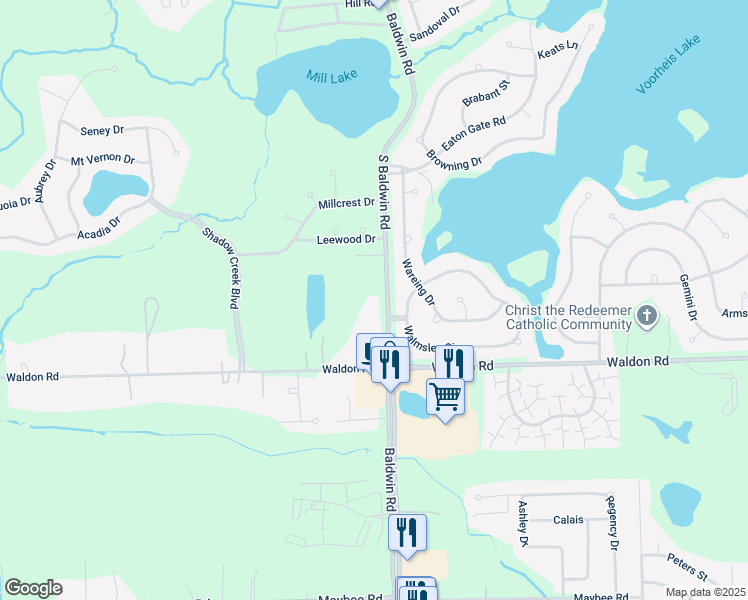map of restaurants, bars, coffee shops, grocery stores, and more near 2888 South Baldwin Road in Orion charter Township
