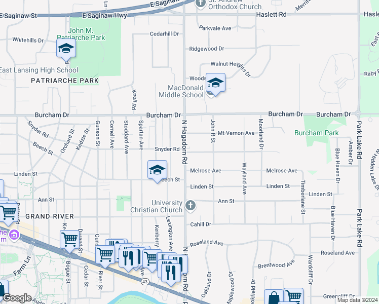 map of restaurants, bars, coffee shops, grocery stores, and more near 1505 Snyder Road in East Lansing
