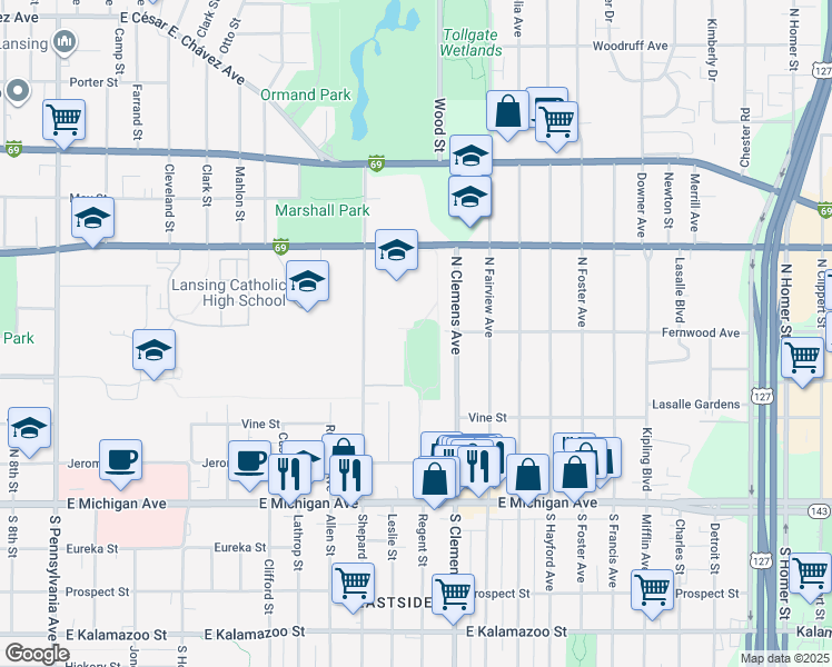map of restaurants, bars, coffee shops, grocery stores, and more near 210 Dori Lane in Lansing