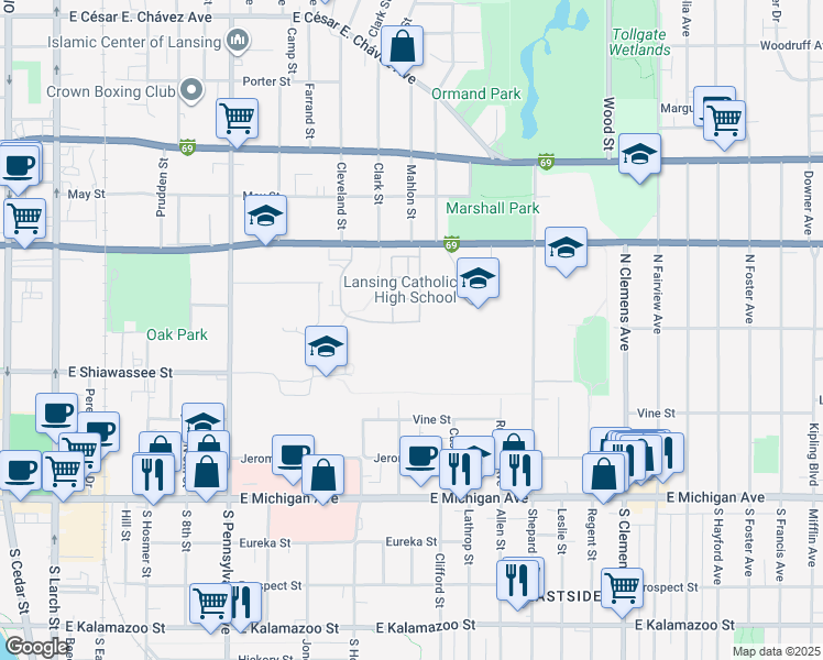 map of restaurants, bars, coffee shops, grocery stores, and more near 1428 Wickham Drive in Lansing