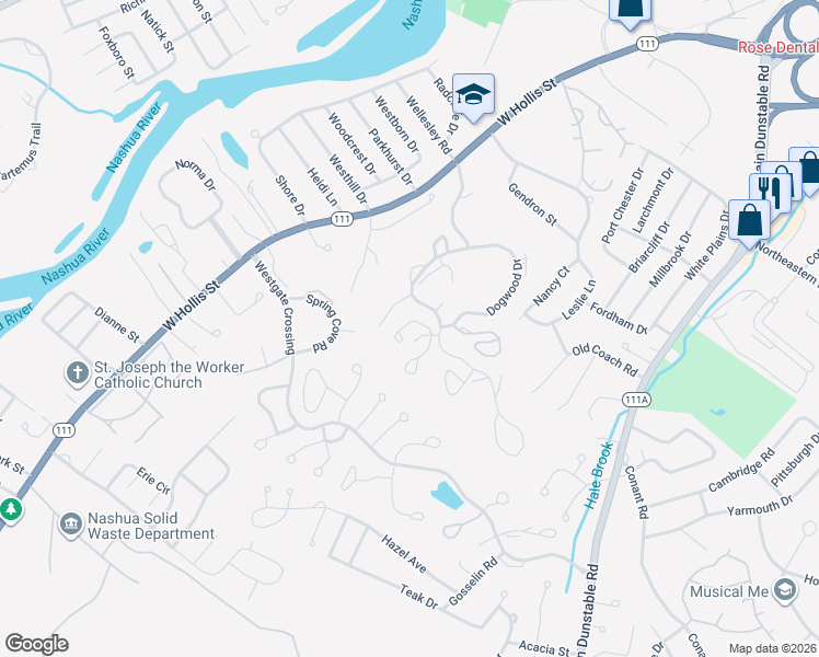 map of restaurants, bars, coffee shops, grocery stores, and more near 41 Aster Court in Nashua