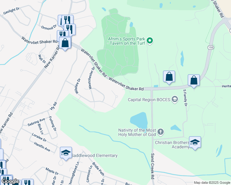 map of restaurants, bars, coffee shops, grocery stores, and more near 8 Noble Path in Albany