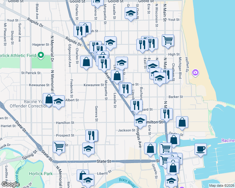 map of restaurants, bars, coffee shops, grocery stores, and more near 1006 Albert Street in Racine