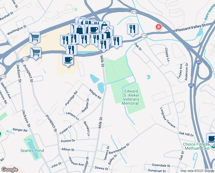 map of restaurants, bars, coffee shops, grocery stores, and more near 123 Milk Street in Methuen