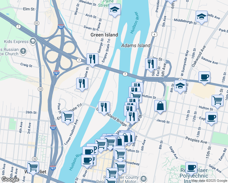 map of restaurants, bars, coffee shops, grocery stores, and more near 1803 River View Road in Green Island