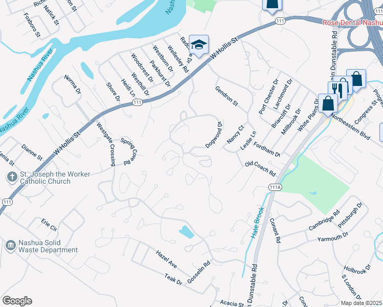 map of restaurants, bars, coffee shops, grocery stores, and more near 53 Ledgewood Hills Drive in Nashua