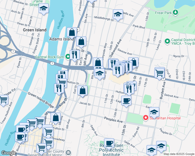 map of restaurants, bars, coffee shops, grocery stores, and more near 179 9th Street in Troy