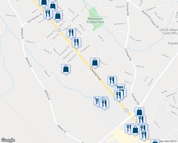 map of restaurants, bars, coffee shops, grocery stores, and more near 1946 Central Avenue in Albany