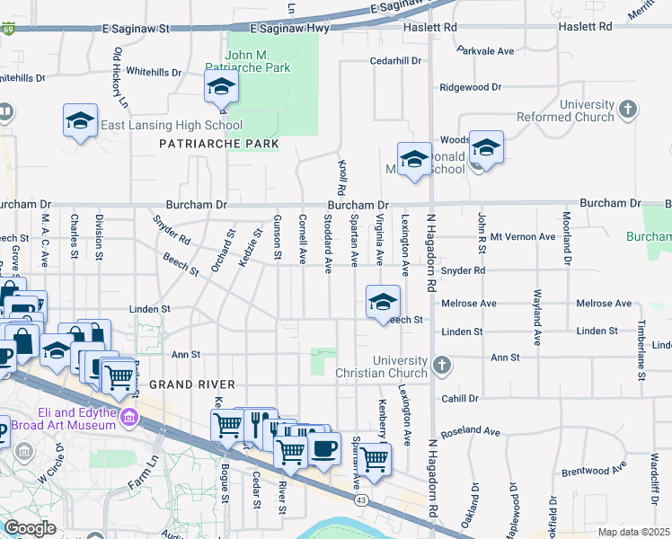map of restaurants, bars, coffee shops, grocery stores, and more near 569 Spartan Avenue in East Lansing