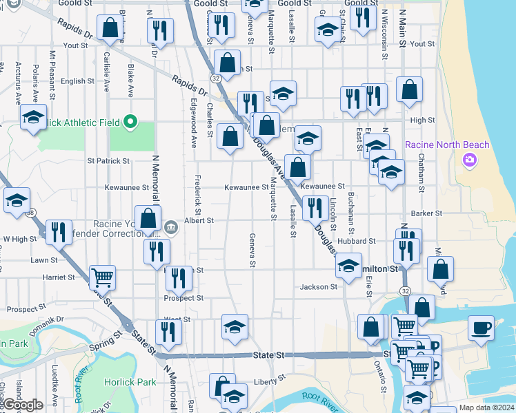 map of restaurants, bars, coffee shops, grocery stores, and more near 1112 Albert Street in Racine
