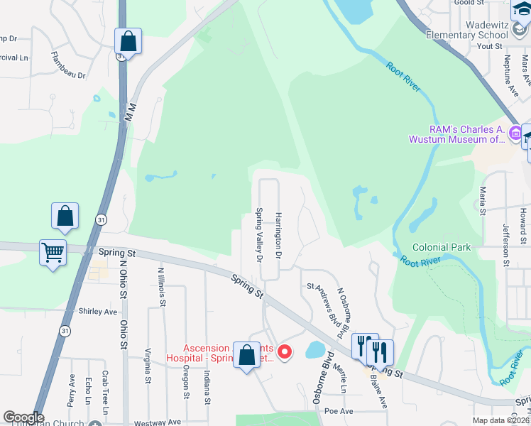 map of restaurants, bars, coffee shops, grocery stores, and more near 1372 Spring Valley Drive in Racine