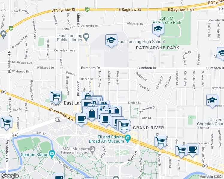 map of restaurants, bars, coffee shops, grocery stores, and more near 411 Elizabeth Street in East Lansing