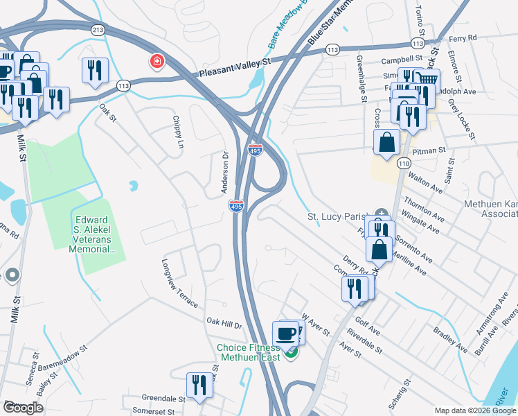 map of restaurants, bars, coffee shops, grocery stores, and more near 79 Comet Road in Methuen