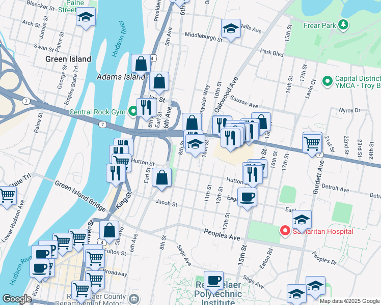 map of restaurants, bars, coffee shops, grocery stores, and more near 179 9th Street in Troy