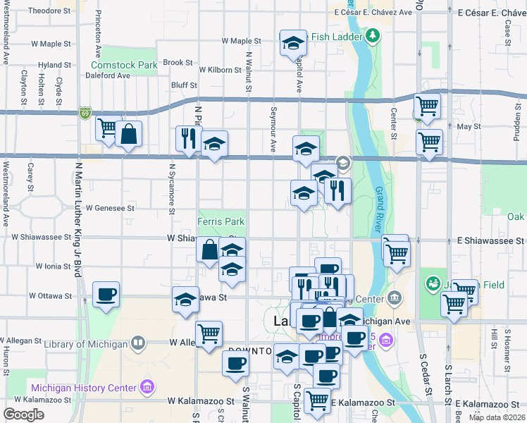 map of restaurants, bars, coffee shops, grocery stores, and more near 309 West Genesee Street in Lansing
