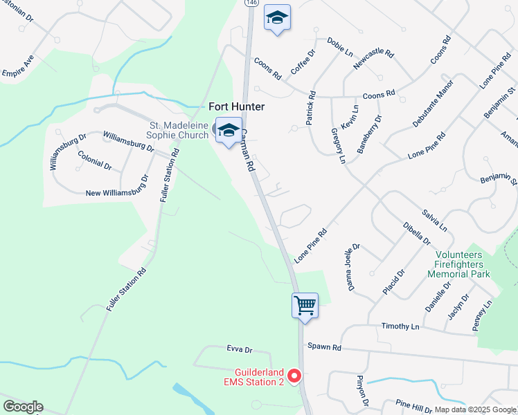 map of restaurants, bars, coffee shops, grocery stores, and more near 3550 Carman Road in Schenectady