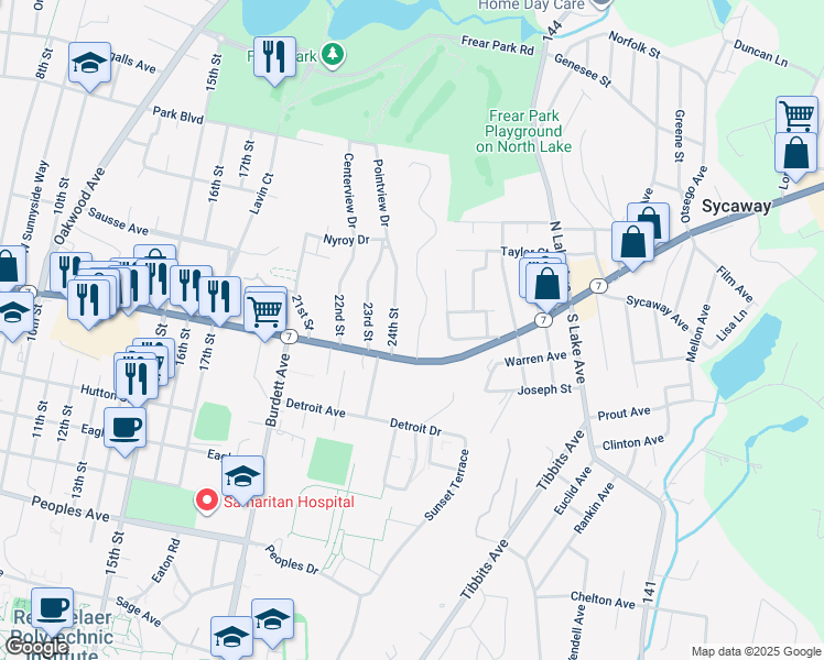 map of restaurants, bars, coffee shops, grocery stores, and more near 3 25th Street in Troy