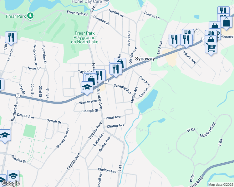 map of restaurants, bars, coffee shops, grocery stores, and more near 19 Horton Avenue in Troy