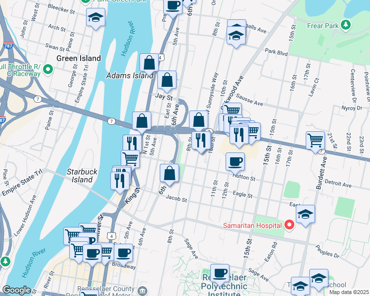 map of restaurants, bars, coffee shops, grocery stores, and more near 279-293 8th Street in Troy