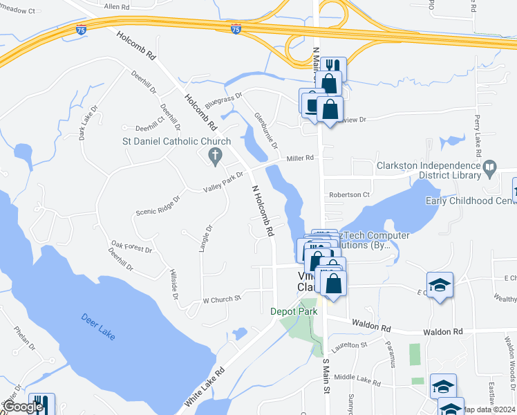 map of restaurants, bars, coffee shops, grocery stores, and more near 80 North Holcomb Road in Clarkston