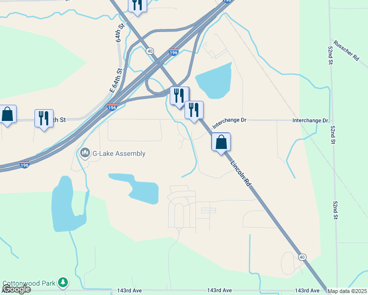 map of restaurants, bars, coffee shops, grocery stores, and more near 840 Interchange Drive in Holland