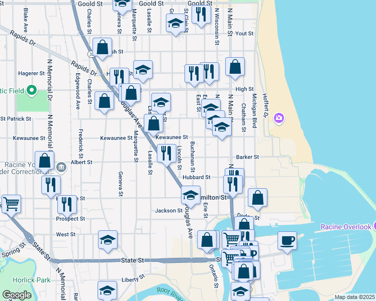 map of restaurants, bars, coffee shops, grocery stores, and more near 1339 Lincoln Street in Racine