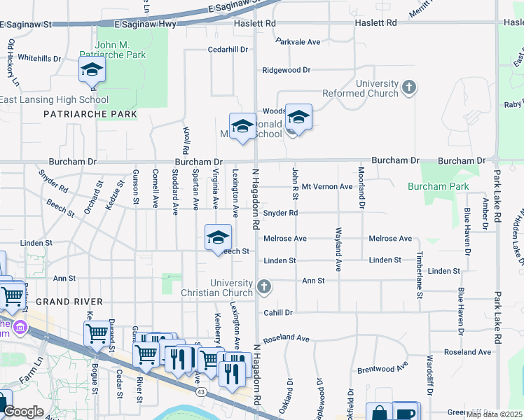 map of restaurants, bars, coffee shops, grocery stores, and more near 1503 Snyder Road in East Lansing