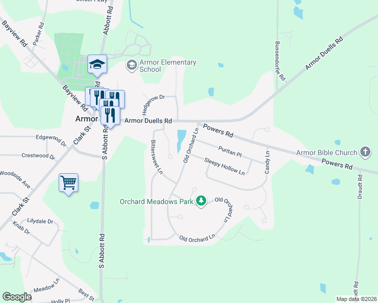 map of restaurants, bars, coffee shops, grocery stores, and more near 12 Old Orchard Ln in Orchard Park
