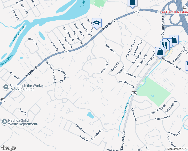 map of restaurants, bars, coffee shops, grocery stores, and more near 70 Heather Court in Nashua