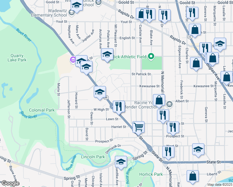 map of restaurants, bars, coffee shops, grocery stores, and more near 2100 Northwestern Avenue in Racine