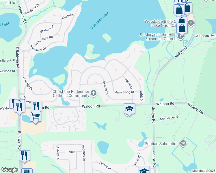 map of restaurants, bars, coffee shops, grocery stores, and more near 2604 Gemini Drive in Orion charter Township