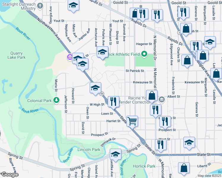 map of restaurants, bars, coffee shops, grocery stores, and more near 2100 Northwestern Avenue in Racine