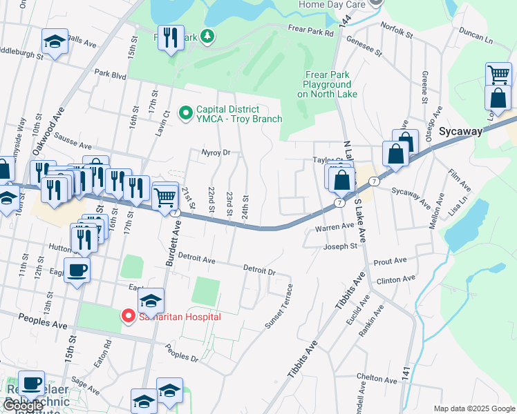 map of restaurants, bars, coffee shops, grocery stores, and more near 327 Hoosick Street in Troy