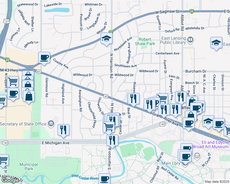 map of restaurants, bars, coffee shops, grocery stores, and more near 425 Ardson Road in East Lansing