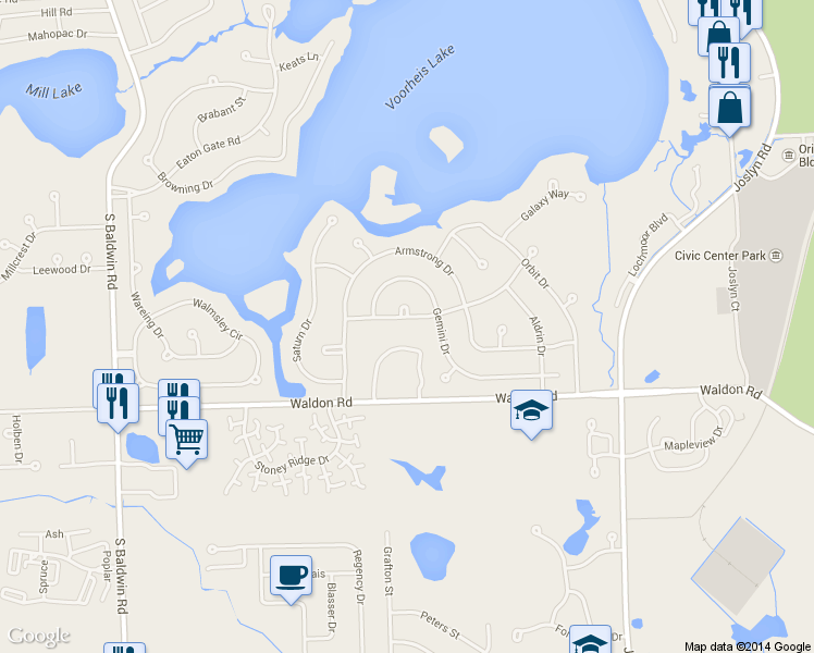 map of restaurants, bars, coffee shops, grocery stores, and more near 2711 Mercury Drive in Orion charter Township