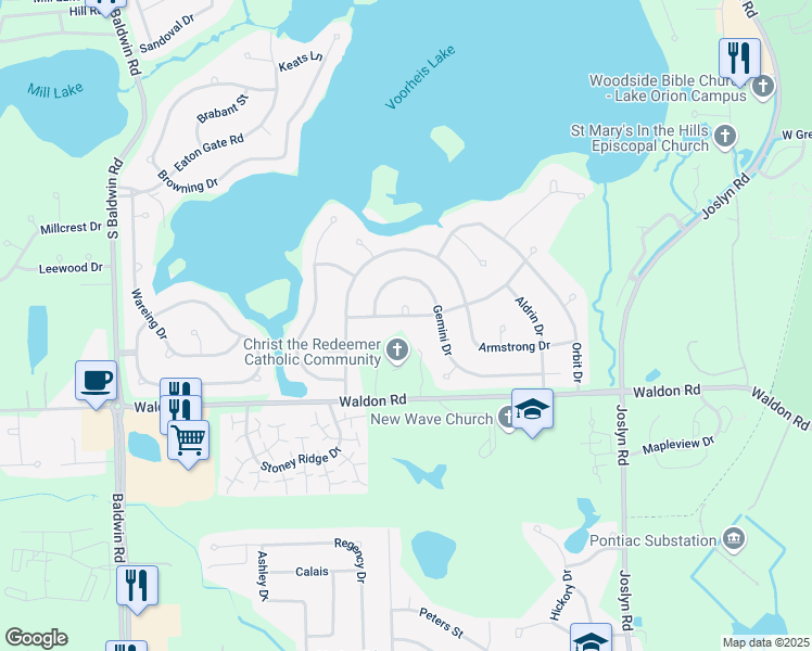 map of restaurants, bars, coffee shops, grocery stores, and more near 2711 Mercury Drive in Orion charter Township