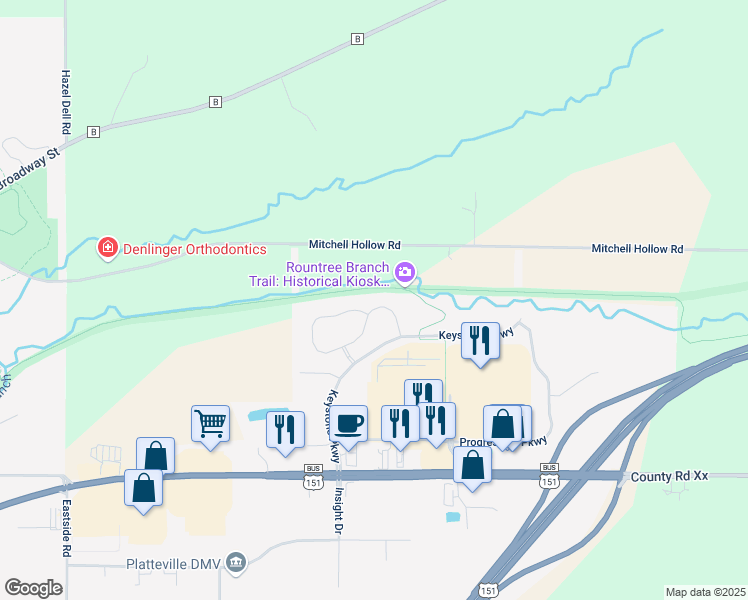 map of restaurants, bars, coffee shops, grocery stores, and more near 1700 Cornerstone Circle in Platteville