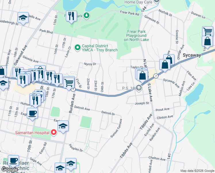 map of restaurants, bars, coffee shops, grocery stores, and more near 327 Hoosick Street in Troy